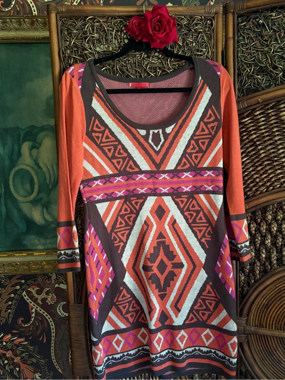 LIV Southwestern Geometric Knit Sweater Dress Tunic Size M Boho Aztec Festival